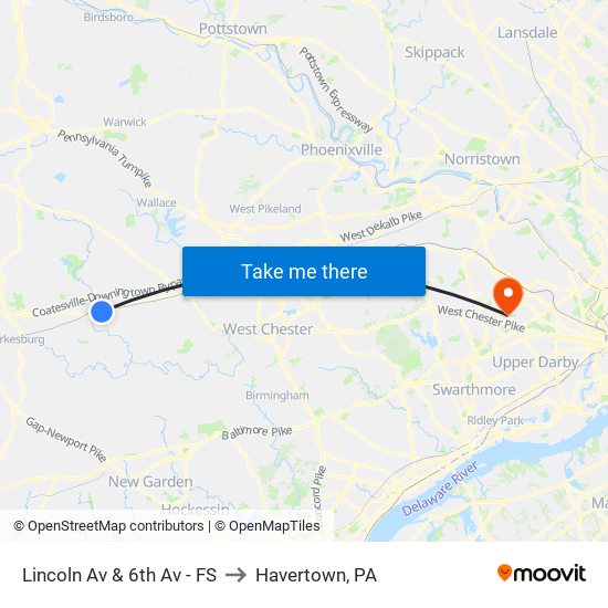 Lincoln Av & 6th Av - FS to Havertown, PA map