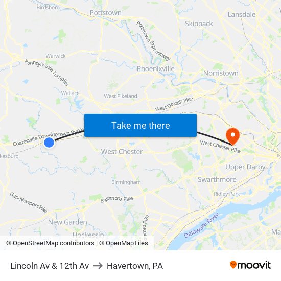 Lincoln Av & 12th Av to Havertown, PA map