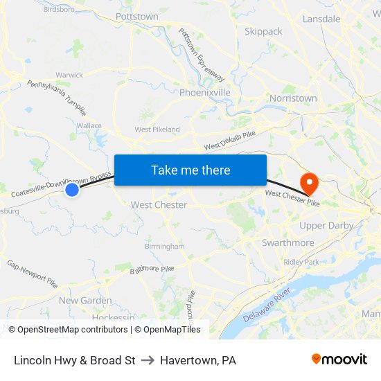 Lincoln Hwy & Broad St to Havertown, PA map