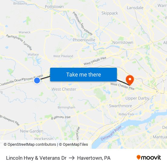 Lincoln Hwy & Veterans Dr to Havertown, PA map