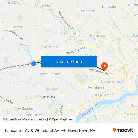Lancaster Av & Whiteland Av to Havertown, PA map