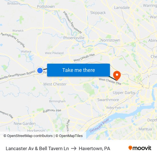 Lancaster Av & Bell Tavern Ln to Havertown, PA map
