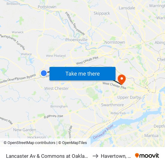 Lancaster Av & Commons at Oaklands to Havertown, PA map