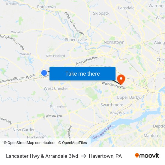 Lancaster Hwy & Arrandale Blvd to Havertown, PA map