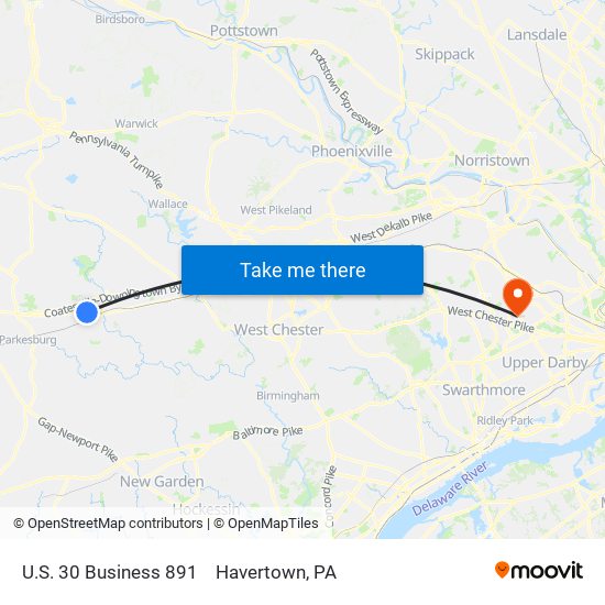 U.S. 30 Business 891 to Havertown, PA map