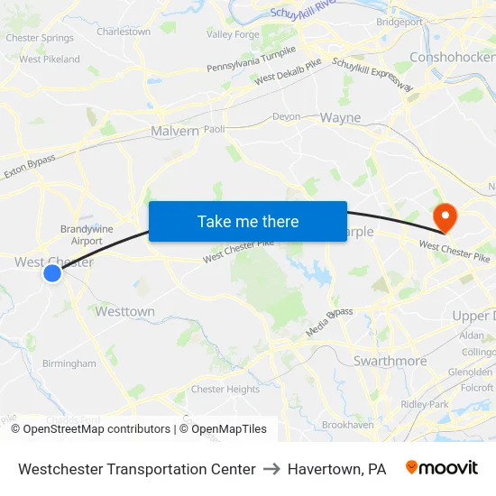 Westchester Transportation Center to Havertown, PA map