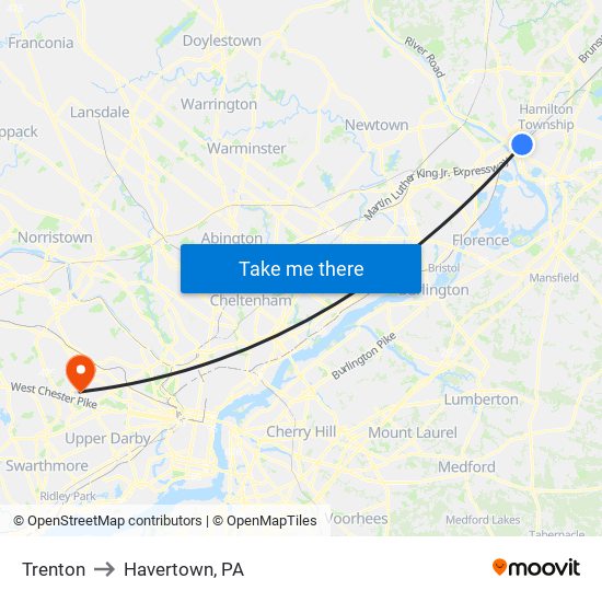 Trenton to Havertown, PA map