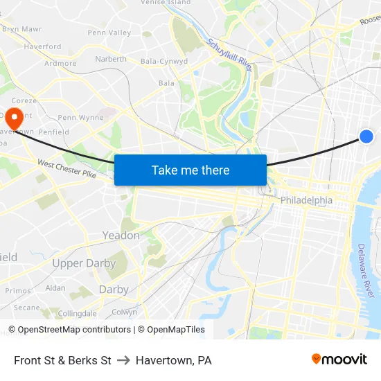 Front St & Berks St to Havertown, PA map