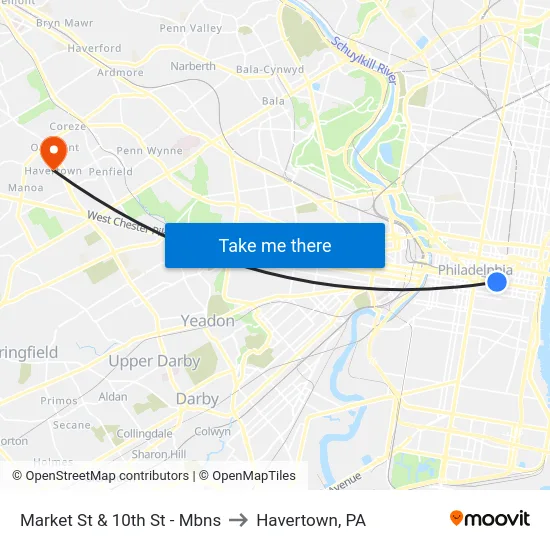 Market St & 10th St  - Mbns to Havertown, PA map