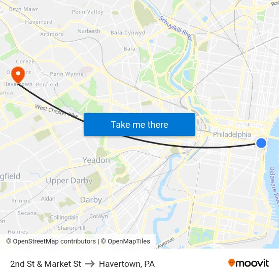 2nd St & Market St to Havertown, PA map