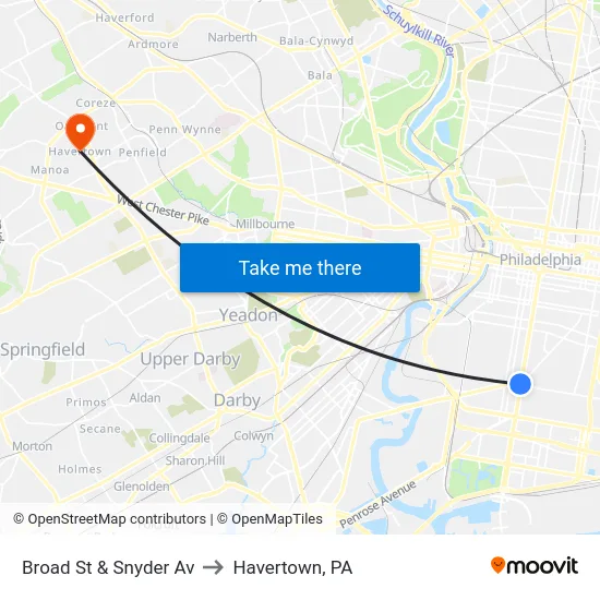 Broad St & Snyder Av to Havertown, PA map