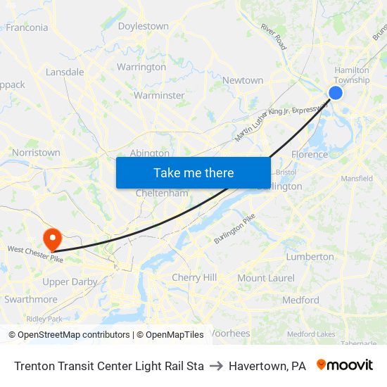 Trenton Transit Center Light Rail Sta to Havertown, PA map