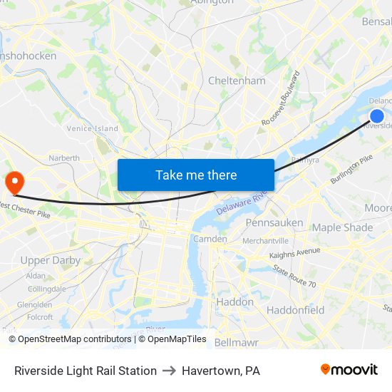 Riverside Light Rail Station to Havertown, PA map