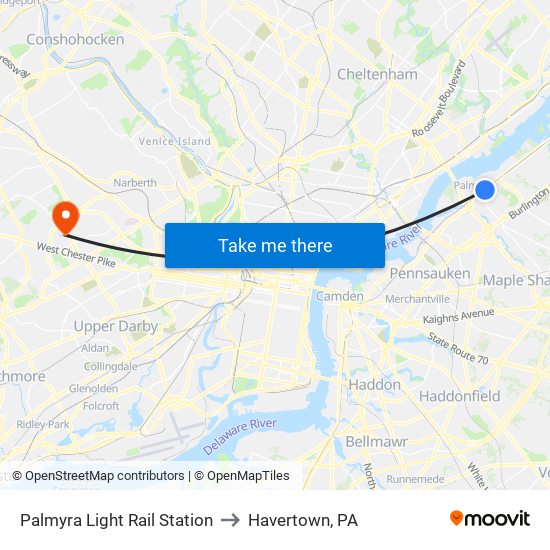 Palmyra Light Rail Station to Havertown, PA map