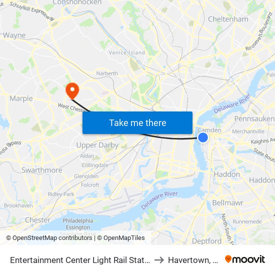 Entertainment Center Light Rail Station to Havertown, PA map
