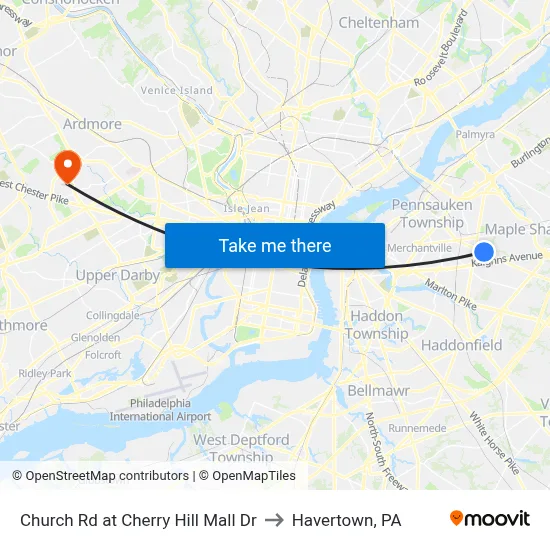 Church Rd at Cherry Hill Mall Dr to Havertown, PA map