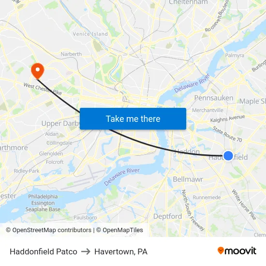 Haddonfield Patco to Havertown, PA map