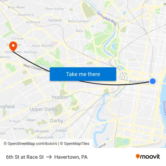 6th St at Race St to Havertown, PA map