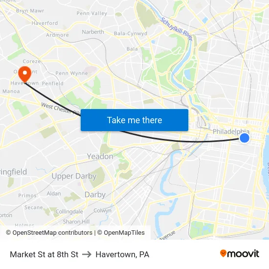Market St at 8th St to Havertown, PA map