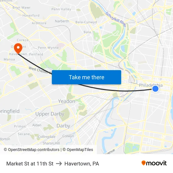 Market St at 11th St to Havertown, PA map