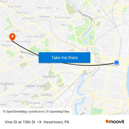 Vine St at 10th St to Havertown, PA map