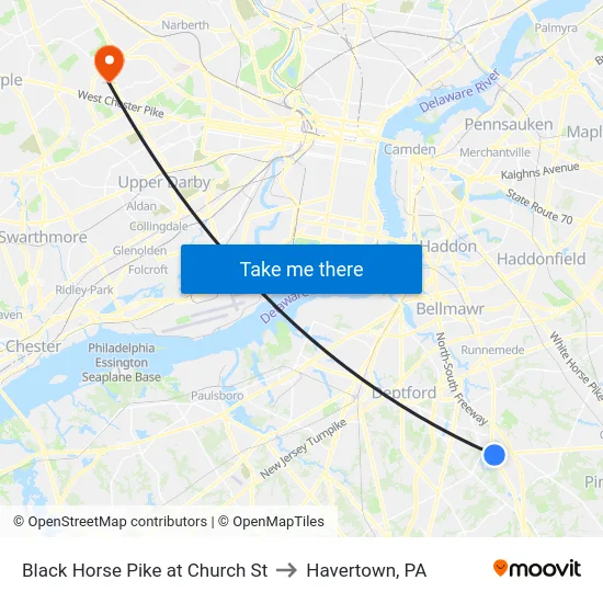 Black Horse Pike at Church St to Havertown, PA map