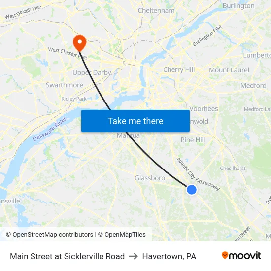 Main Street at Sicklerville Road to Havertown, PA map