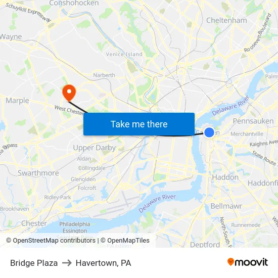 Bridge Plaza to Havertown, PA map