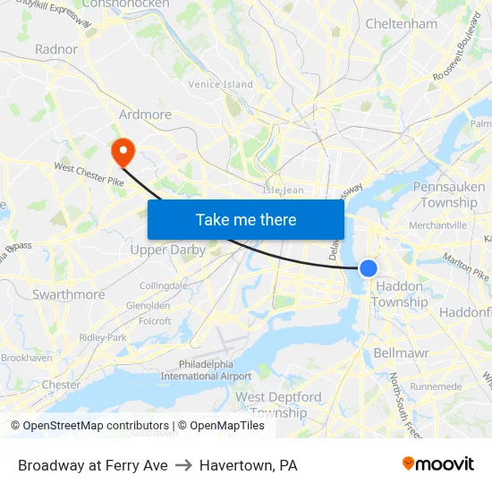 Broadway at Ferry Ave to Havertown, PA map