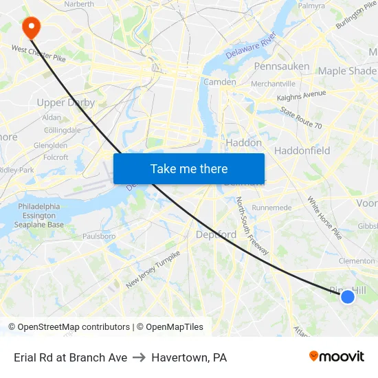 Erial Rd at Branch Ave to Havertown, PA map
