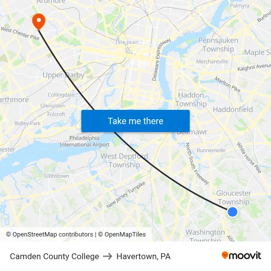 Camden County College to Havertown, PA map