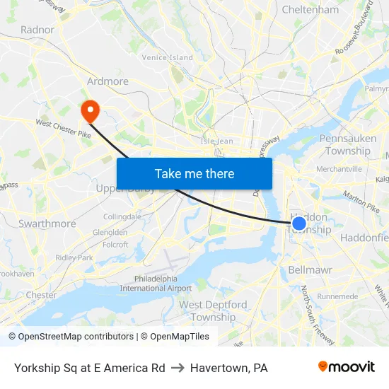 Yorkship Sq at E America Rd to Havertown, PA map