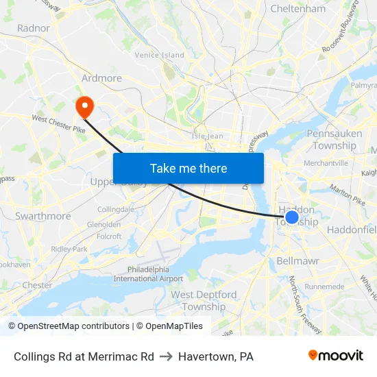Collings Rd at Merrimac Rd to Havertown, PA map