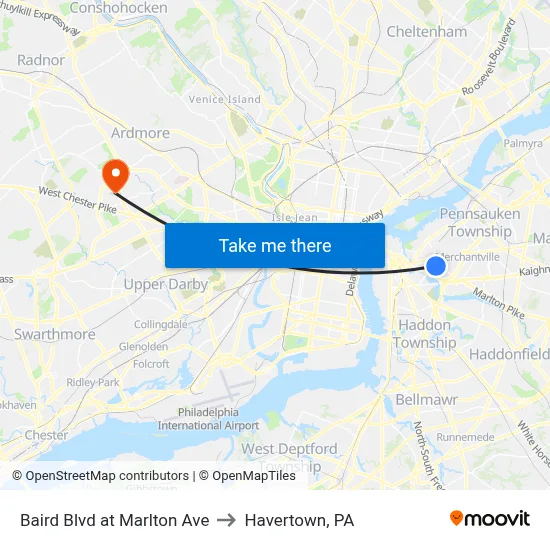 Baird Blvd at Marlton Ave to Havertown, PA map
