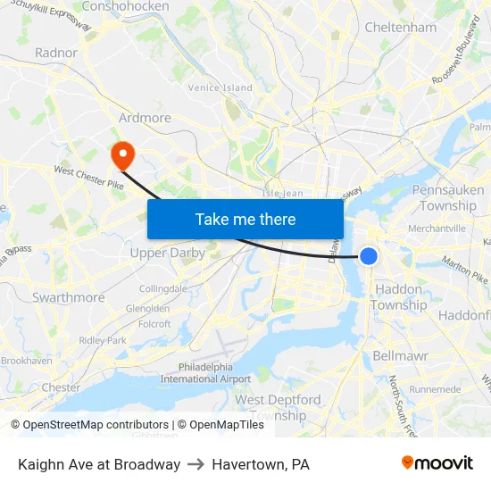 Kaighn Ave at Broadway to Havertown, PA map