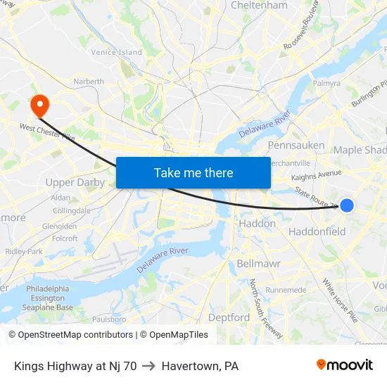 Kings Highway at Nj 70 to Havertown, PA map