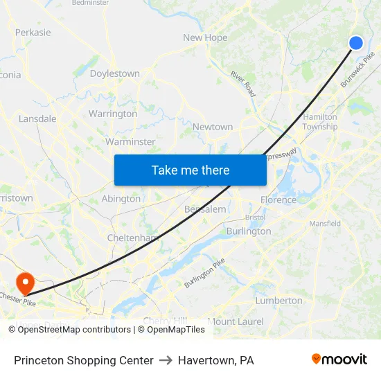 Princeton Shopping Center to Havertown, PA map