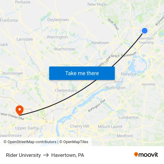 Rider University to Havertown, PA map