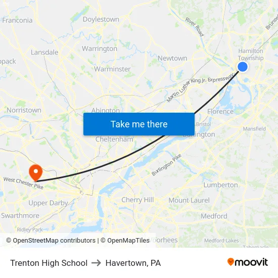 Trenton High School to Havertown, PA map