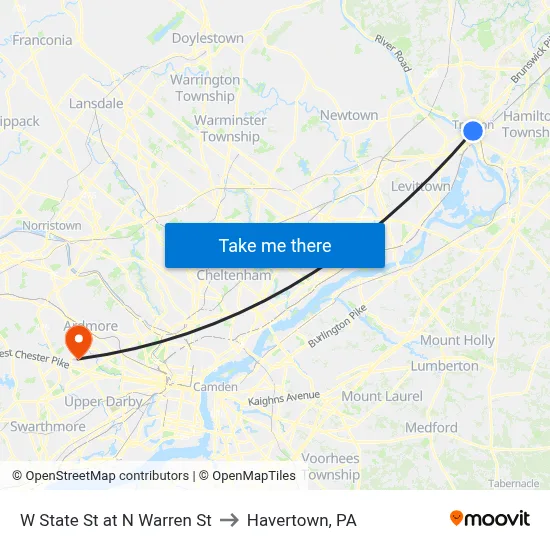 W State St at N Warren St to Havertown, PA map