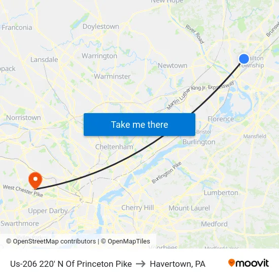 Us-206 220' N Of Princeton Pike to Havertown, PA map