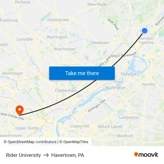 Rider University to Havertown, PA map
