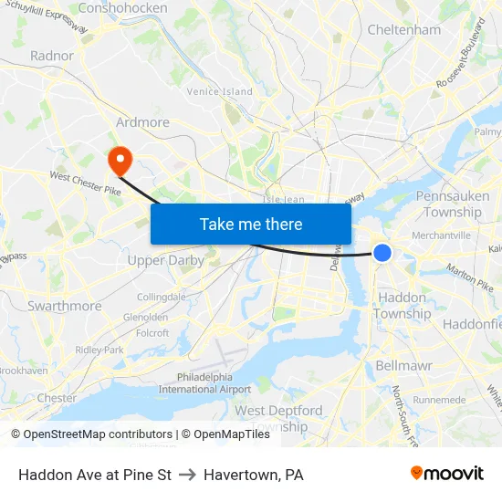 Haddon Ave at Pine St to Havertown, PA map
