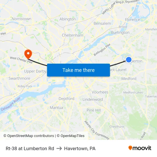 Rt-38 at Lumberton Rd to Havertown, PA map