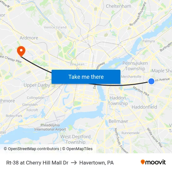 Rt-38 at Cherry Hill Mall Dr to Havertown, PA map