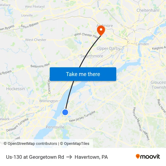 Us-130 at Georgetown Rd to Havertown, PA map