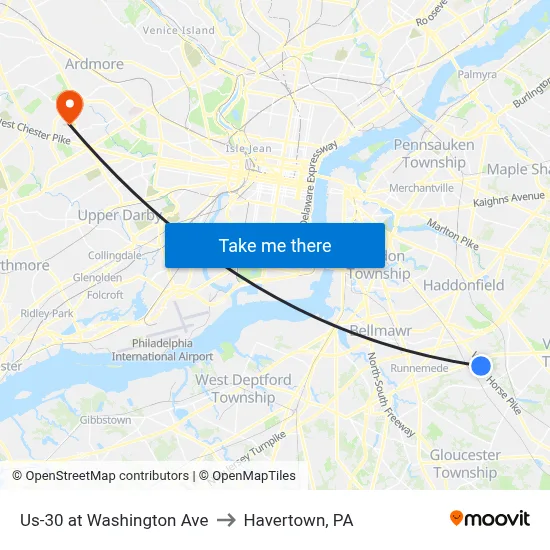 Us-30 at Washington Ave to Havertown, PA map