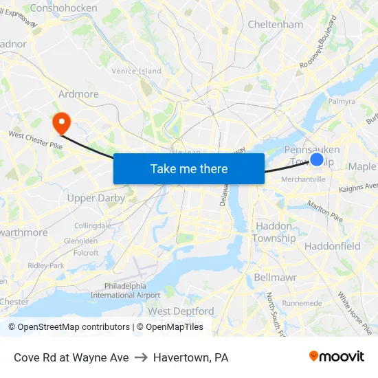 Cove Rd at Wayne Ave to Havertown, PA map