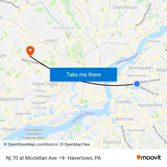 Nj 70 at Mcclellan Ave to Havertown, PA map