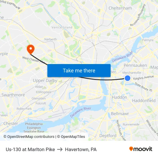 Us-130 at Marlton Pike to Havertown, PA map